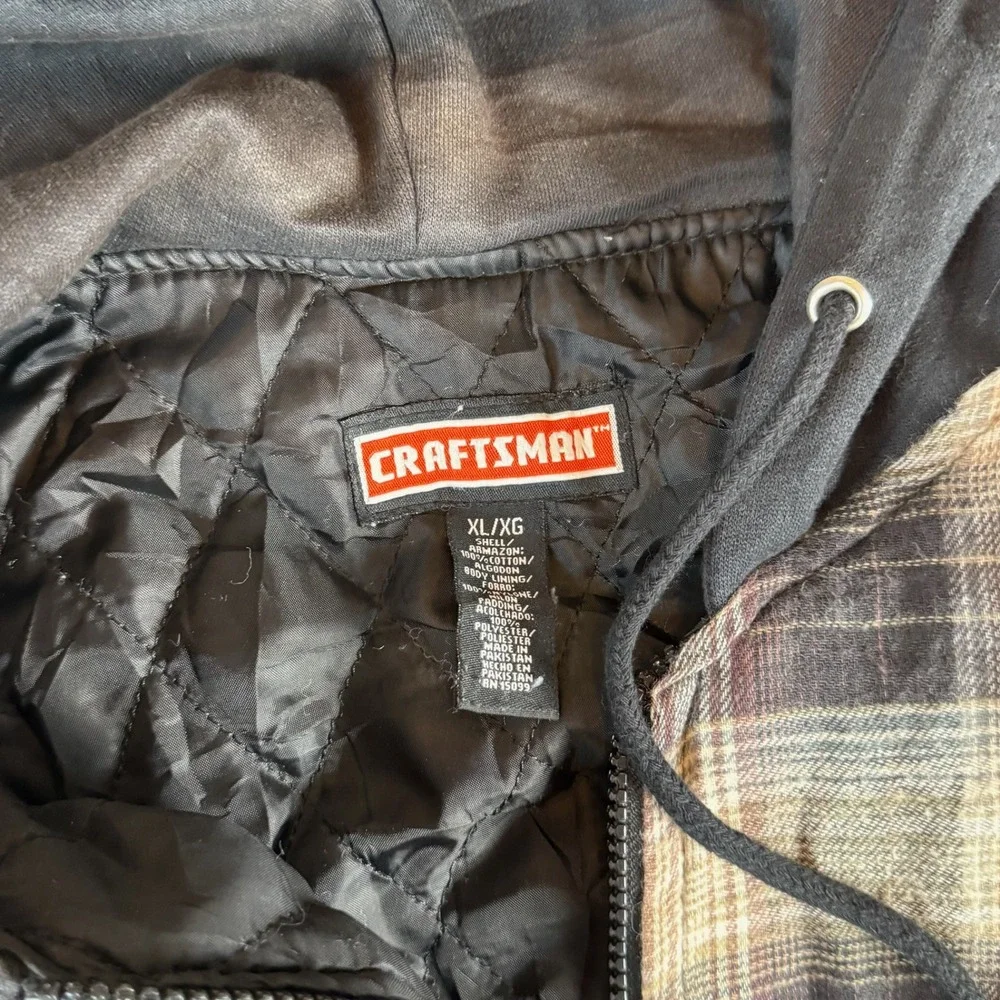 Craftsman Mens XL Hooded Plaid Flannel Jacket Quilted Lined Brown Black Workwear